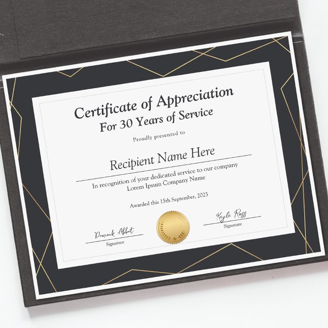 Certifikat för erkännande för tjänsteår (Certificate of Appreciation for Years of Service)