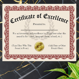 Certifikat för excellens Röd Anpassningsbar 8.5x11