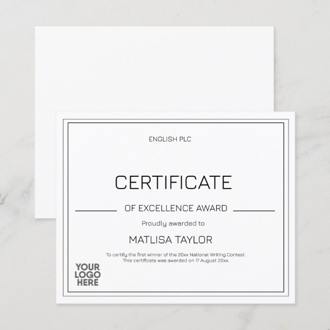 Certifikat för excellensutmärkelse svart-vit logot (Fram/baksida)