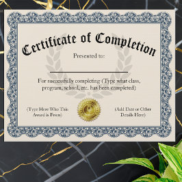 Certifikat för färdigt blått Anpassade 8.5x11