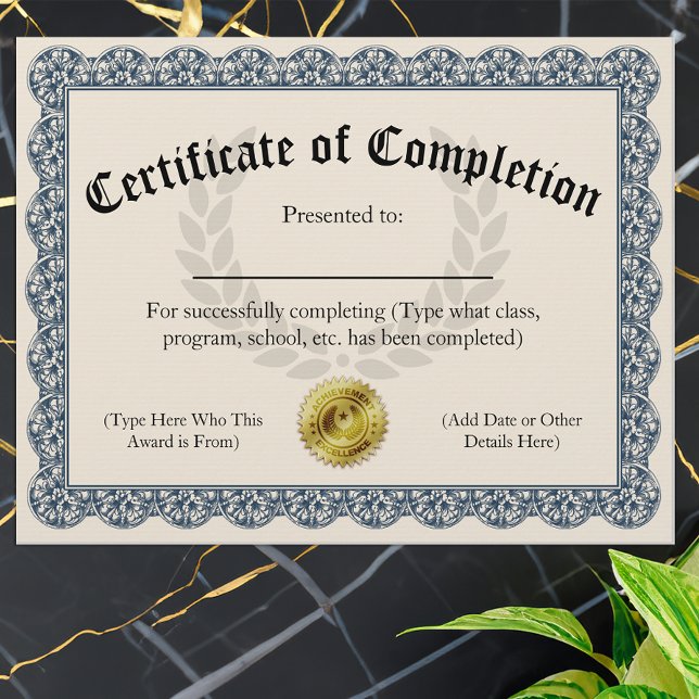 Certifikat för färdigt blått Anpassade 8.5x11 (certificate of completion)