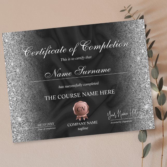 Certifikat för fullföljning av kursavslutning (certificate of completion with black silk background and silver glitter on the edges)