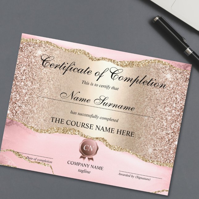 Certifikat för fullföljning av kursavslutning (rose gold and gold blush pink agate certificate of completion)