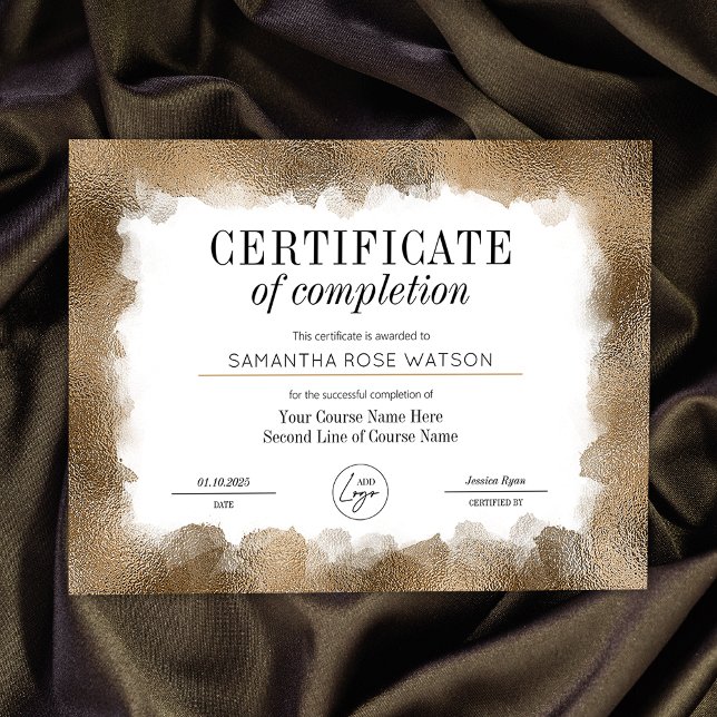 Certifikat för fullgörande av Guld Glitter Salon A (Elegant gold glitter effect Certificate of Completion professional course award)