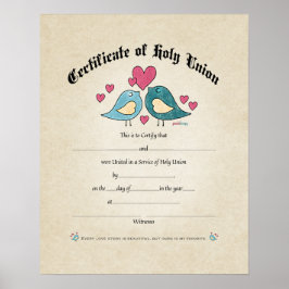 Certifikat för heliga i unionen Love birds Bröllop Poster