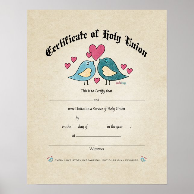 Certifikat för heliga i unionen Love birds Bröllop Poster (Framsidan)