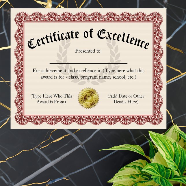Certifikat för högkvalificerade röda Anpassaden 8. (certificate of excellence)