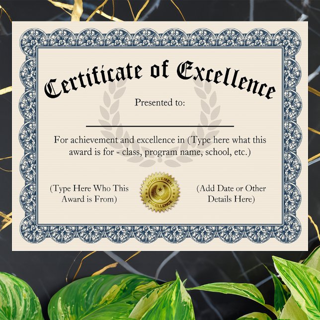 Certifikat för högkvalitativt blått Anpassade 8.5x (certificate of excellence)