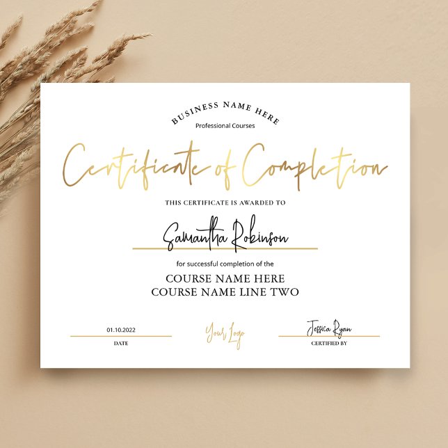 Certifikat för ifyllande Faux Guld nedladdningsbar Poster (Elegant gold effect downloadable Certificate of Completion Award)