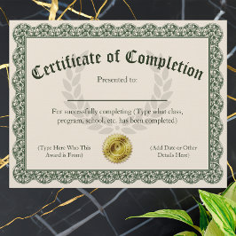 Certifikat för komplettering, Anpassade 8.5x11