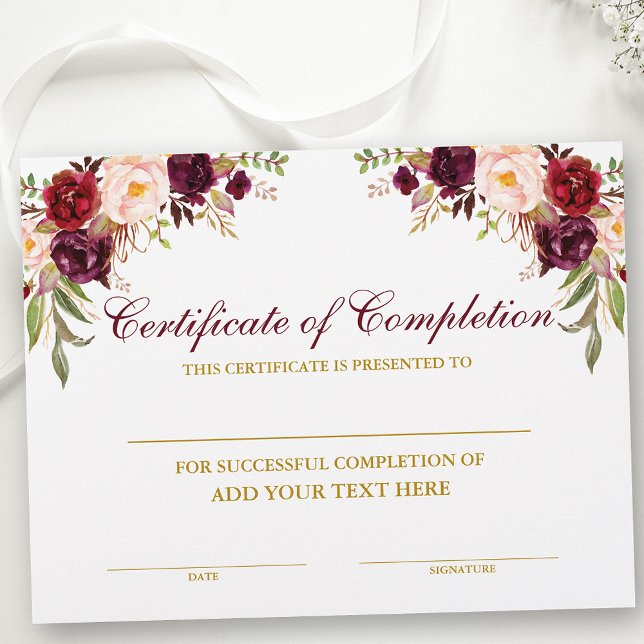 Certifikat för komplettering av Burgundy Blommigt  (Customize to change text size, text style or text color.)