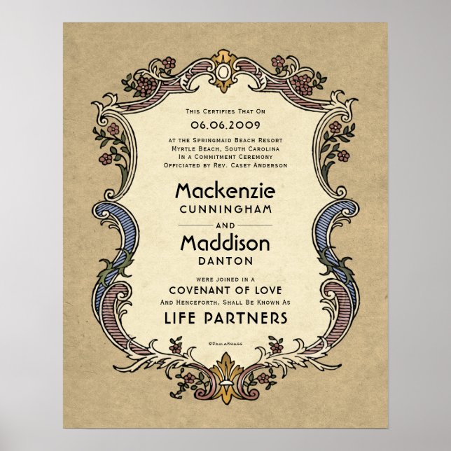 Certifikat för livspartner i Ornate Gräns Bröllop Poster (Framsidan)