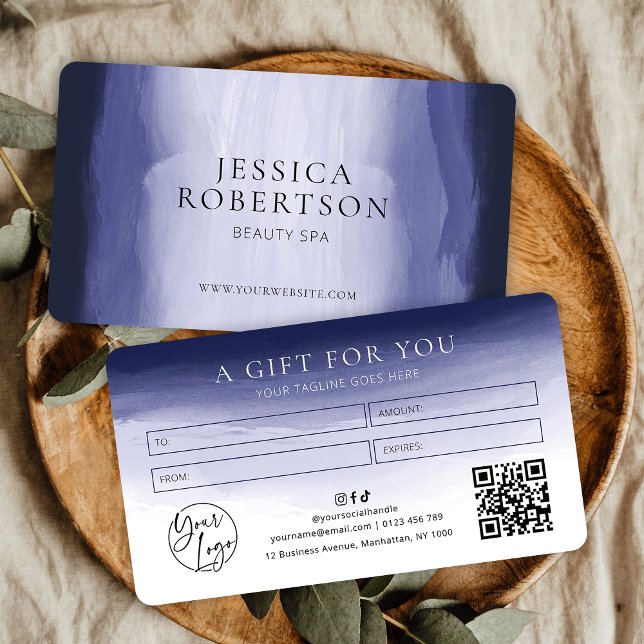 Certifikat för marinfärgad hårfärg Salon Spa Gift- (Elegant navy blue watercolor business gift voucher with your logo, QR code and contact details)