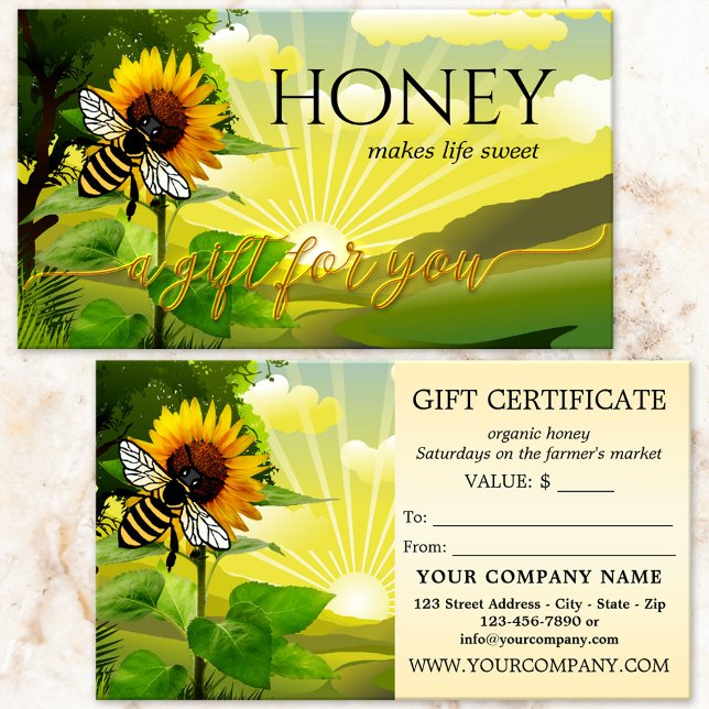 Certifikat för marknadsgåva av honungsbin (Gift certificate featuring an artistic illustration with sunflower and honey bee on fresh greenery)