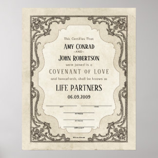 Certifikat för Ornate Rulla Gräns Bröllop Poster
