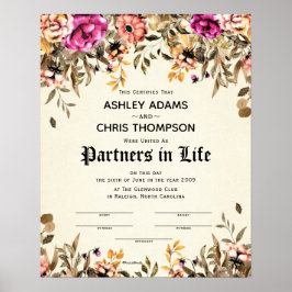 Certifikat för "Partners for Life" Blommigt Bröllo Poster