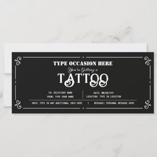 CERTIFIKAT FÖR personlig Tattoo Gift Voucher Inbjudningar (Framsida)