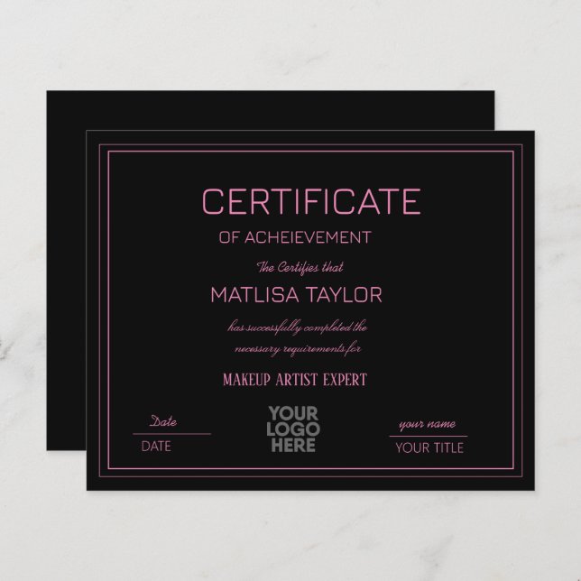 Certifikat för prestation för slutförandepris (Fram/baksida)