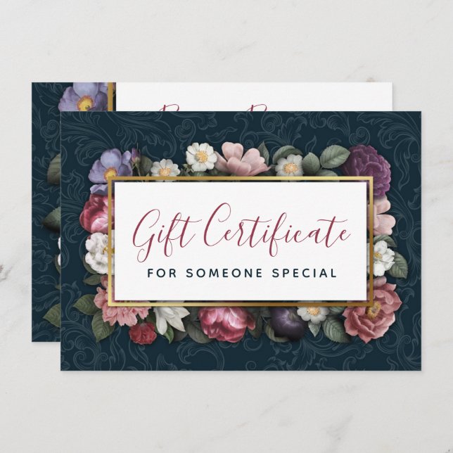 Certifikat för rococo Damask & Blommigt Navy Gift  Inbjudningar (Fram/baksida)