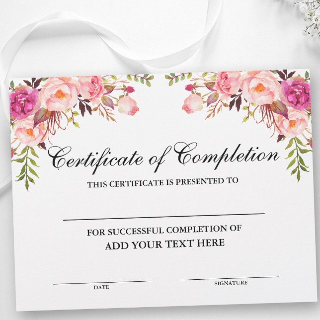 Certifikat för rosa Blommigt - Din text (Customize to change text size, text style or text color.)