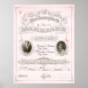 Certifikat för rosa och elfenbensfjäril Giftermål Poster