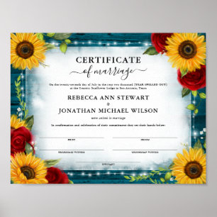 Certifikat för solros Ro Bröllop Giftermål Poster