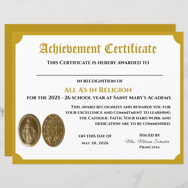 Certifikat för uppnående av anpassade (Fram/baksida)