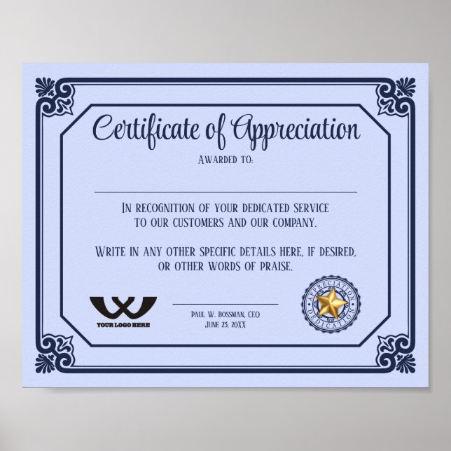 Certifikat för uppskattad medarbetares frivilliga poster (Framsidan)