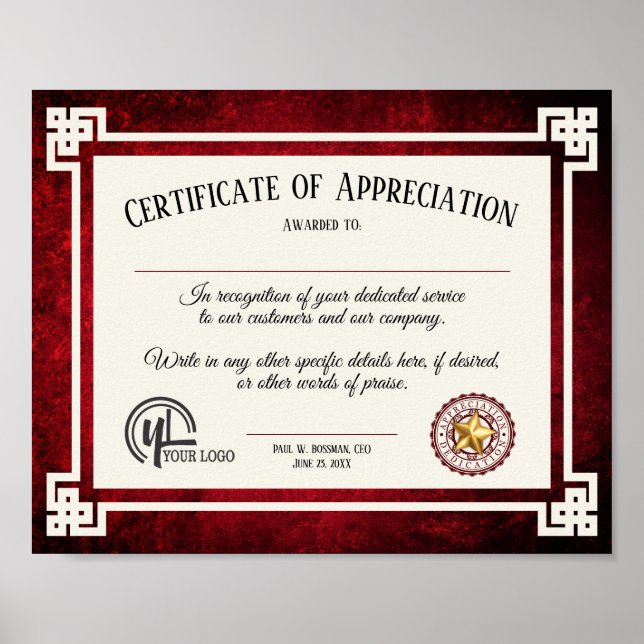 Certifikat för uppskattad medarbetares frivilliga poster (Framsidan)