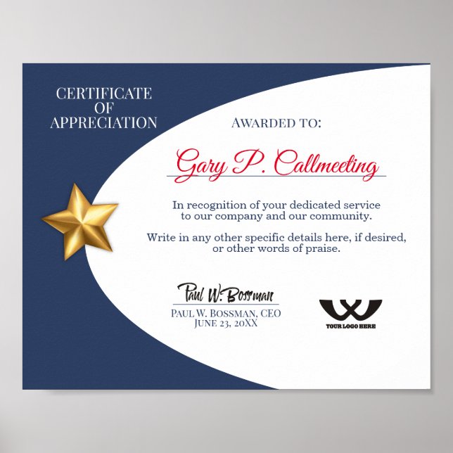 Certifikat för uppskattad volontäranställd poster (Framsidan)