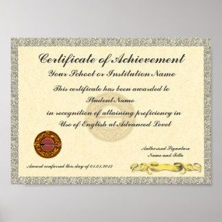 Certifikat för utmärkelsen "Achievement School Col Poster