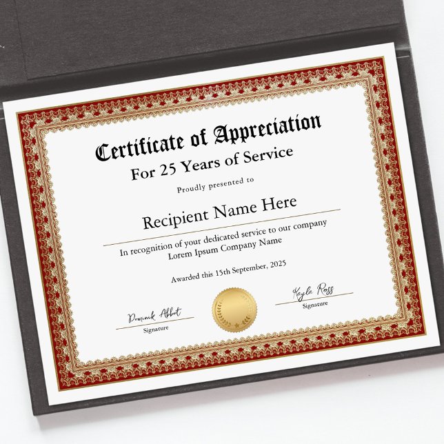 Certifikat för utvärdering av tjänsteår (Certificate of Appreciation for Years of Service)