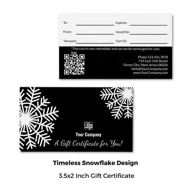Certifikat för vintersnöflake, svart och vitt gift (3.5x2 Inch, Winter Snowflake Black & White Gift Certificate)