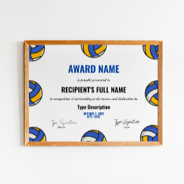Certifikat för volleyball Excellence Award Poster