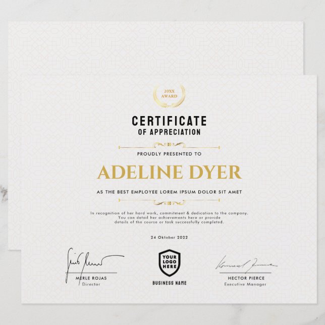 Certifikat | Mall för Modern Business Logotyp Awar (Fram/baksida)