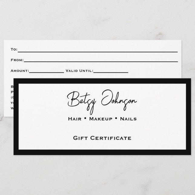 Certifikatkort för vit och svart elegant inbjudningar (Fram/baksida)