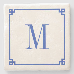 Cerulean Blå Grekisk Nyckel Kant Monogram Stenunderlägg