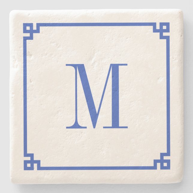 Cerulean Blå Grekisk Nyckel Kant Monogram Stenunderlägg (Framsidan)
