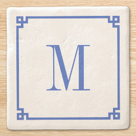 Cerulean Blå Grekisk Nyckel Kant Monogram Stenunderlägg