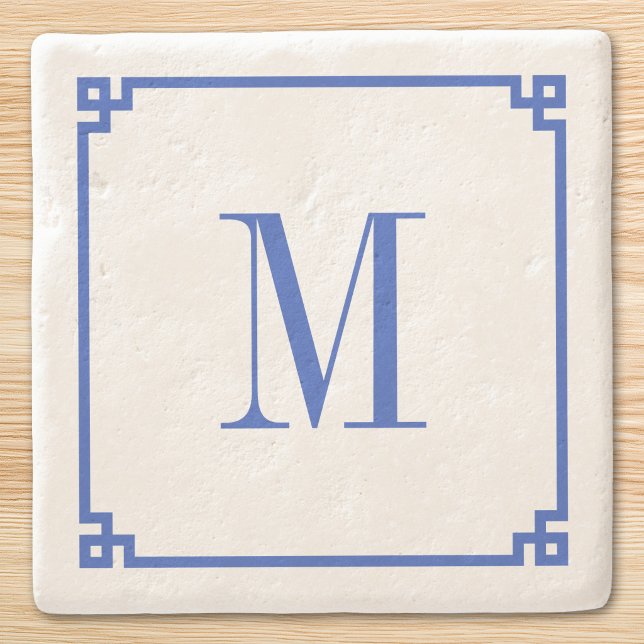 Cerulean Blå Grekisk Nyckel Kant Monogram Stenunderlägg (Cerulean Blue Greek Key Border Monogram Stone Coaster)