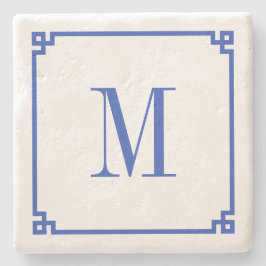 Cerulean Blue Grekiska Nyckel Gräns Monogram Stenunderlägg