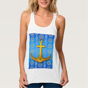 Cerulean Blue Guld Anchor Racerback Tanktop Linne Med Racerback