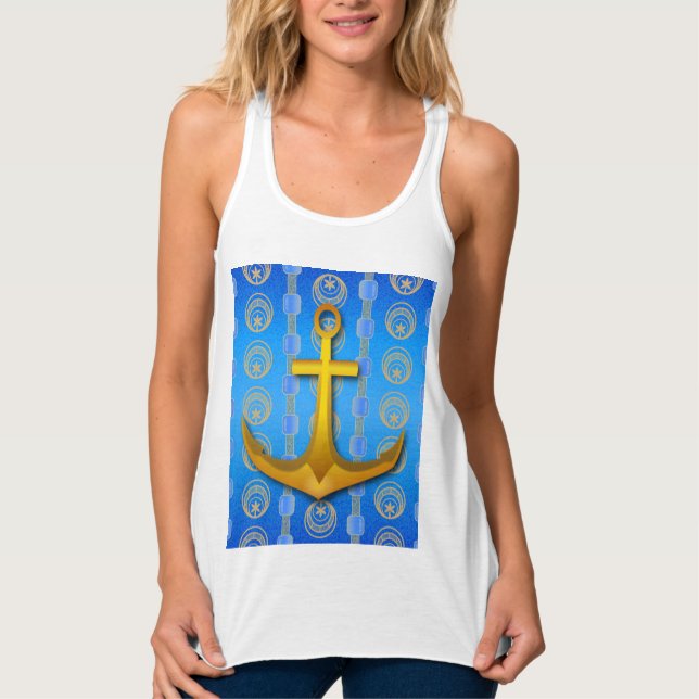 Cerulean Blue Guld Anchor Racerback Tanktop Linne Med Racerback (Framsida)