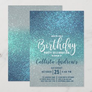 Cerulean Blue Teal Triple Glitter Ombre Birthday Inbjudningar