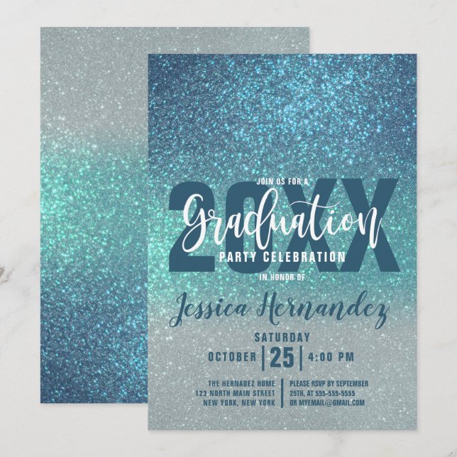 Cerulean Blue Teal Triple Glitter Ombre Studenten Inbjudningar (Fram/baksida)