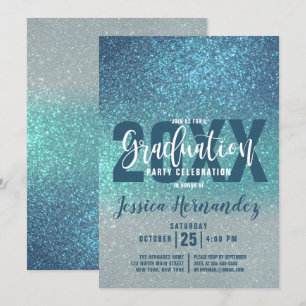Cerulean Blue Teal Triple Glitter Ombre Studenten Inbjudningar