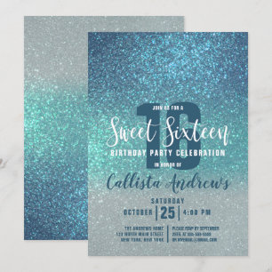 Cerulean Blue Teal Triple Glitter Ombre Sweet 16 Inbjudningar