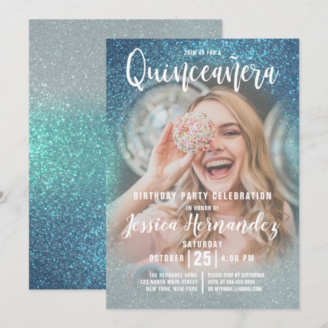 Cerulean Blue Triple Glitter Photo Quinceañera Inbjudningar (Fram/baksida)