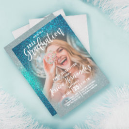 Cerulean Blue Triple Glitter Photo Studenten Inbjudningar