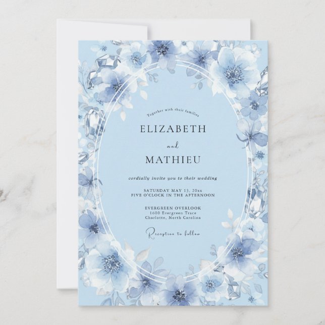Cerulean Målade Peony Bröllop Inbjudningar (Framsida)